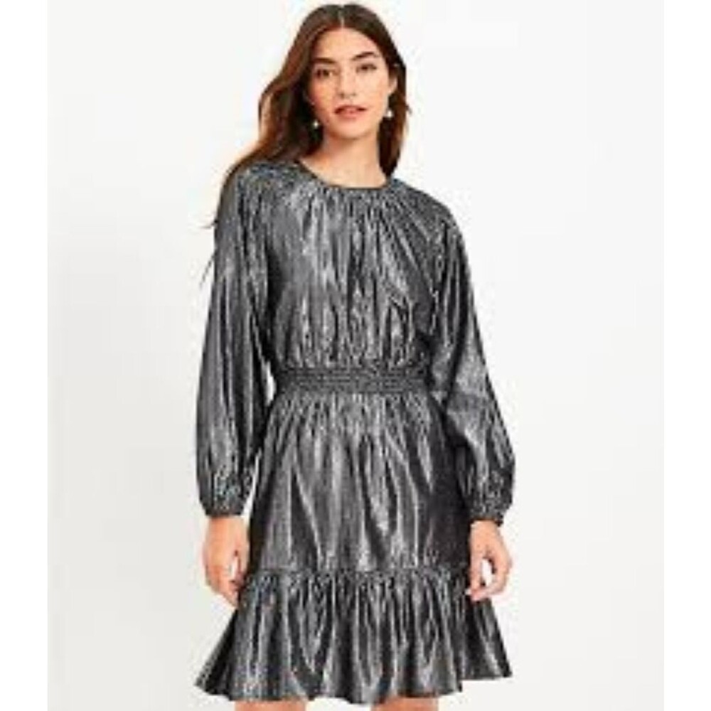 LOFT Women’s Silver Metallic Shimmer Smocked Flounce Dress Size Med